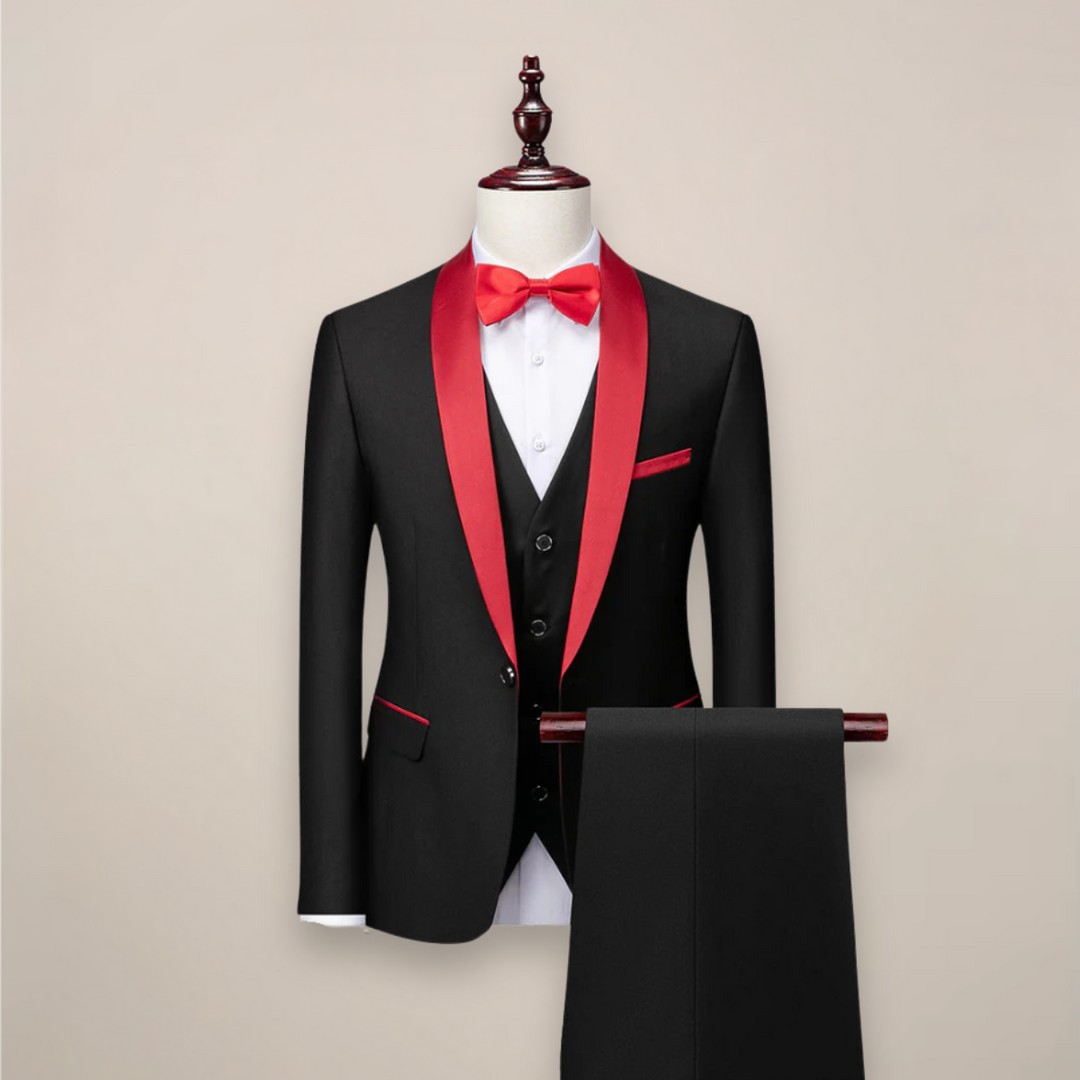 Modern men's black tie 3-piece slim fit tuxedo, offering sophisticated style for any formal occasion.