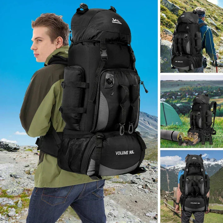 Men's 90L hiking backpack, large capacity for camping & trekking, multi-compartment design.