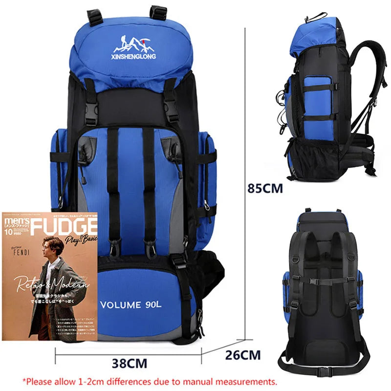 Durable 90L men's adventure pack, water-repellent rucksack for outdoor travel & exploration.