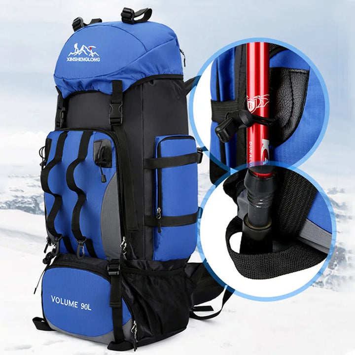 Men's 90L multi-compartment hiking backpack, ideal for organized camping gear storage.