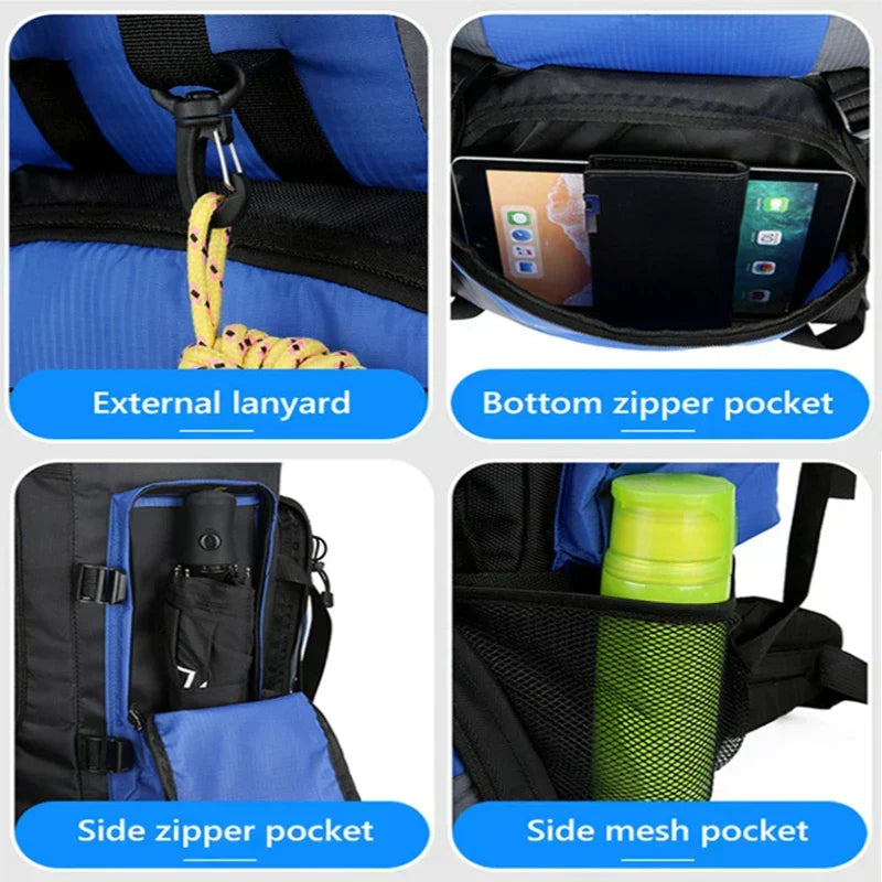 New men's 90L trekking backpack, ample space for long hikes & outdoor adventures.