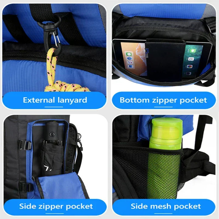 New men's 90L trekking backpack, ample space for long hikes & outdoor adventures.