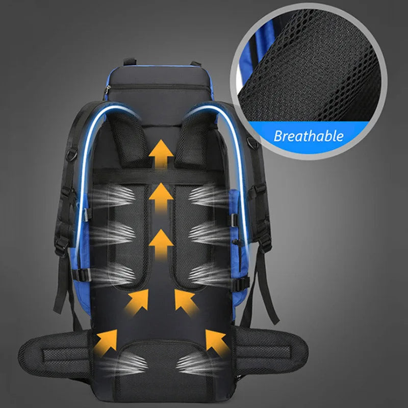 90L men's hiking backpack with multiple compartments, essential camping gear for trekking.
