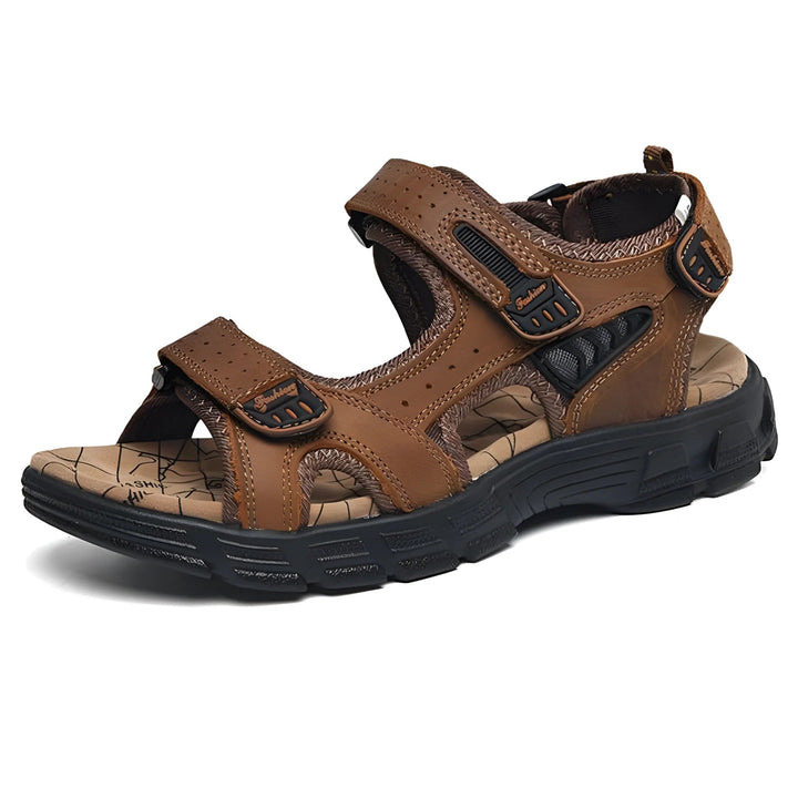 Durable men's casual sandals featuring adjustable hook and loop straps & eye-catching contrast stitching for outdoor comfort.