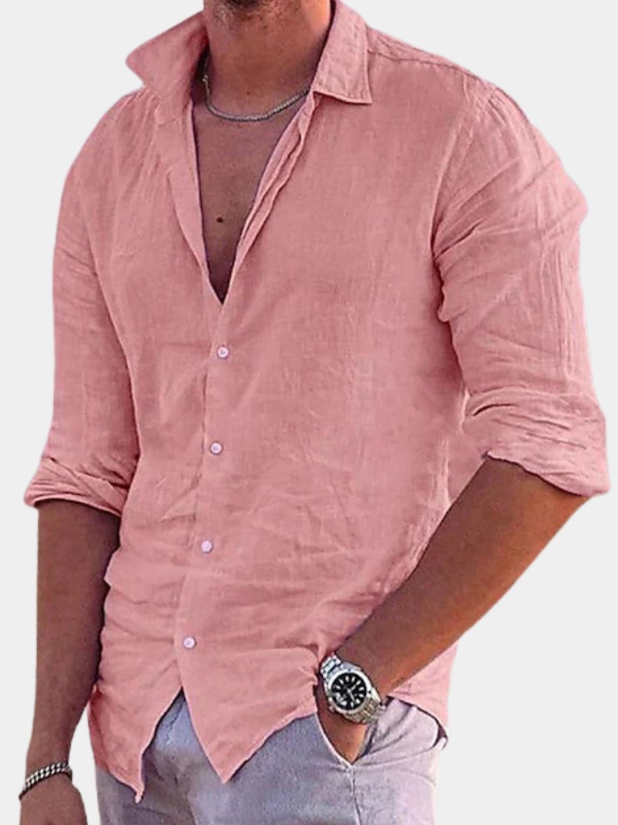 Men's airy long-sleeve button-down shirt, perfect for warm weather comfort & summer resort style.