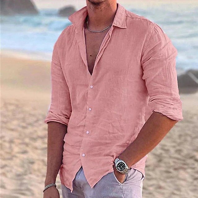 Casual men's long sleeve button-down top, ideal for everyday wear, travel & holiday apparel.