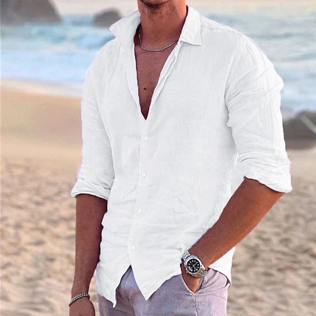 Stylish men's button-down shirt for warm weather, featuring an airy design & long sleeves.