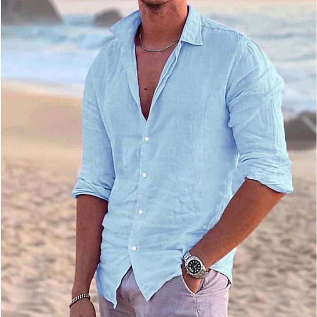 Lightweight men's long sleeve top, a versatile button-down for summer fashion & comfort.