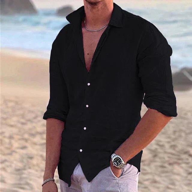 Everyday men's casual button-down shirt, long sleeve & airy for warm weather summer style.