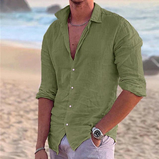 Fashionable men's travel shirt, a comfortable airy long-sleeve button-down for holidays.