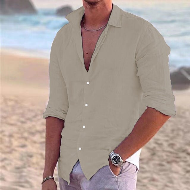 Men's long sleeve button-down for warm weather, offering airy comfort & summer style.