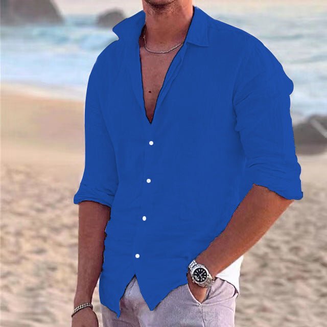 Relaxed fit men's button-down, airy long-sleeve casual top for summer and resort wear.