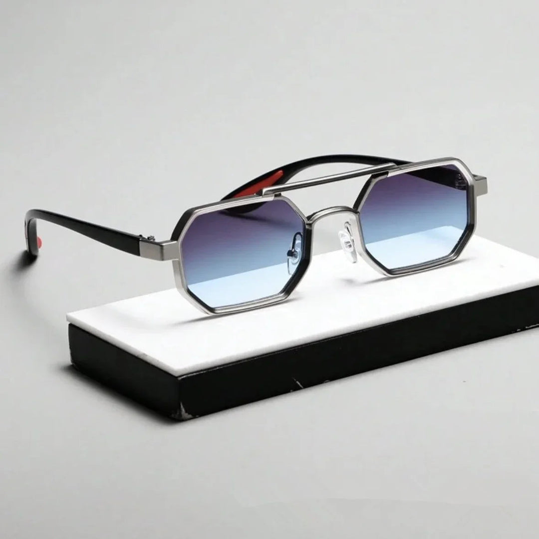 Fashionable men's angular shades with UV protection, a metallic frame, and dark tinted lenses.