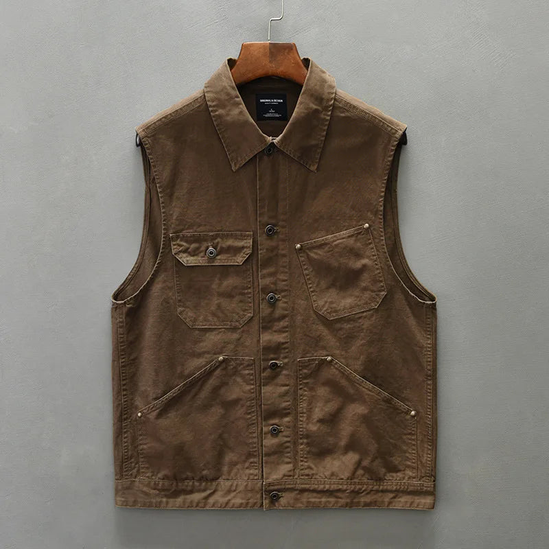 Men's apricot cotton workwear vest, heavyweight utility style, front view, perfect for layering fashion