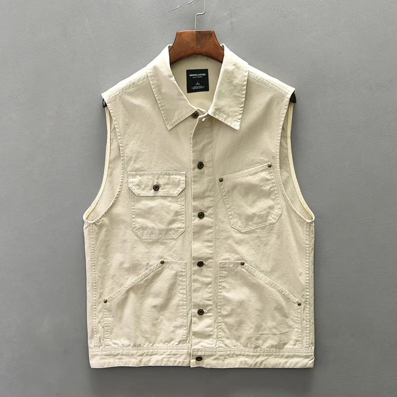 Army green heavyweight cotton vest for men, workwear style, ideal layering piece, side view
