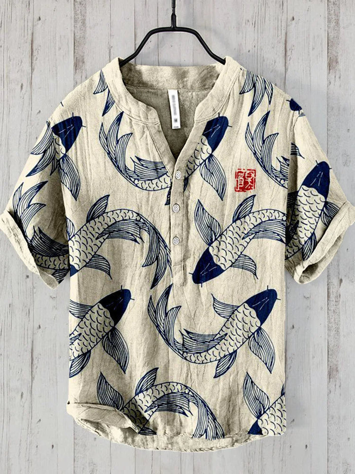 Men's artistic print polo shirt with unique abstract pattern. Comfortable short-sleeve top for casual summer style.