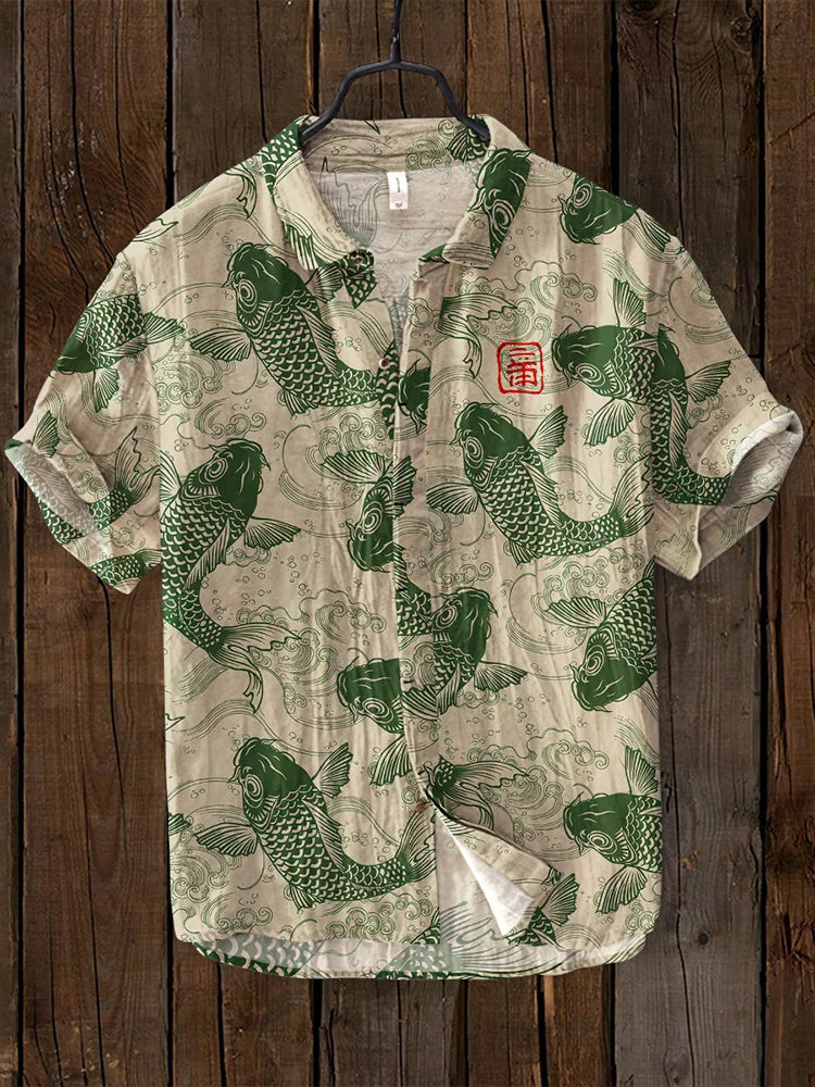 Stylish men's patterned polo with a relaxed fit & short sleeves. V-neck design, perfect for summer casual fashion.