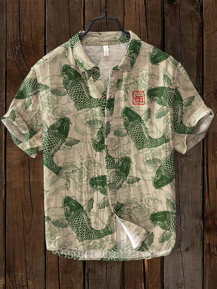 Stylish men's patterned polo with a relaxed fit & short sleeves. V-neck design, perfect for summer casual fashion.