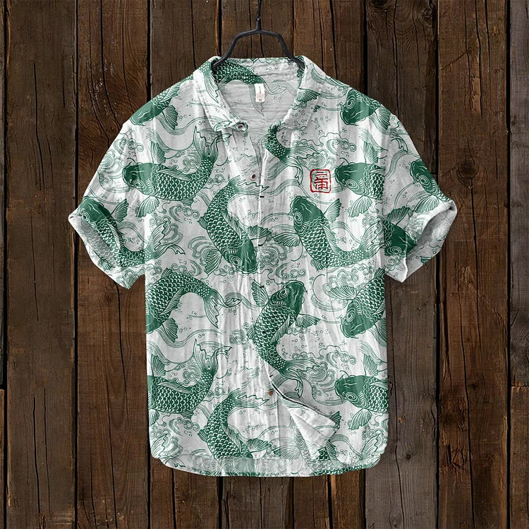 Unique style men's polo shirt featuring a vibrant artistic print. Short-sleeve, casual top, great for summer fashion.