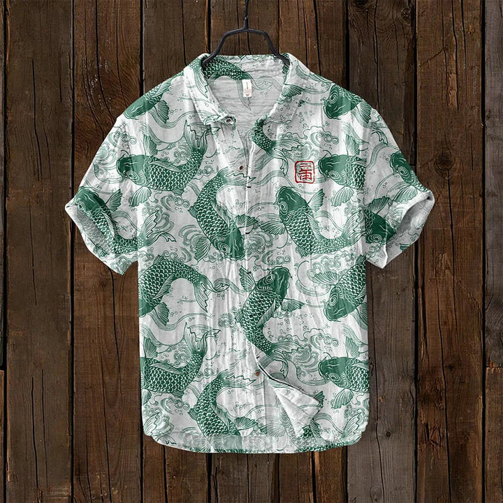 Unique style men's polo shirt featuring a vibrant artistic print. Short-sleeve, casual top, great for summer fashion.