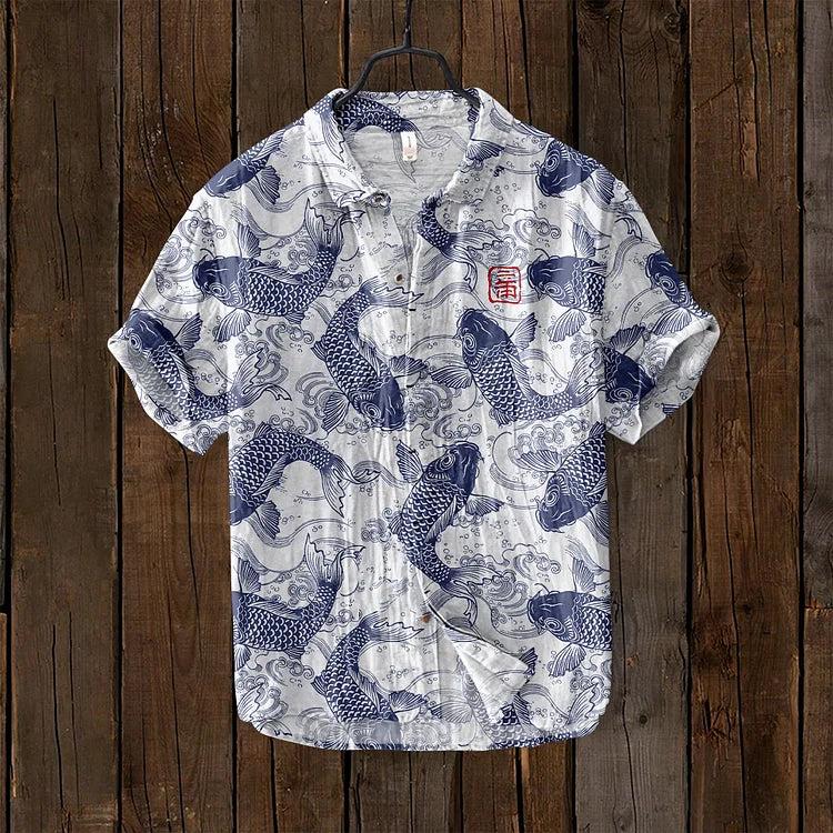 Men's patterned short-sleeve polo shirt. Artistic print, comfortable v-neck design, ideal for stylish casual wear.
