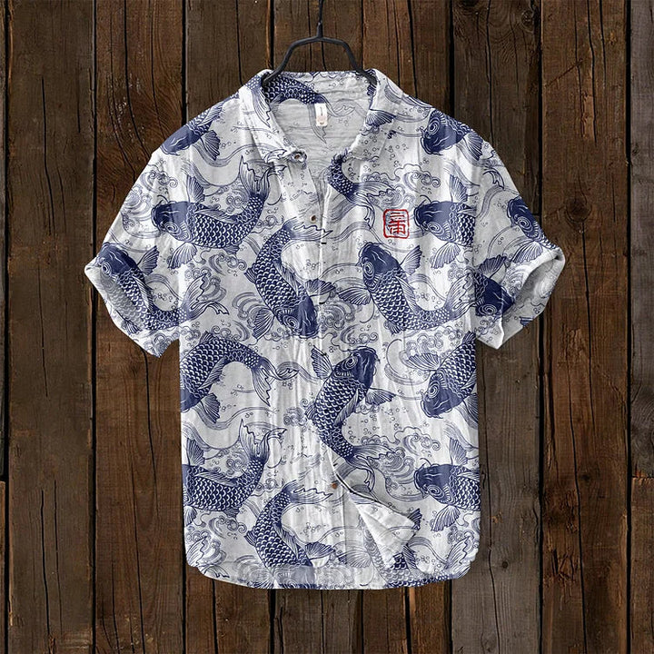 Men's patterned short-sleeve polo shirt. Artistic print, comfortable v-neck design, ideal for stylish casual wear.