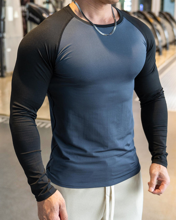 Men's athletic shoulder cut long sleeve shirt, blue, activewear performance top for training