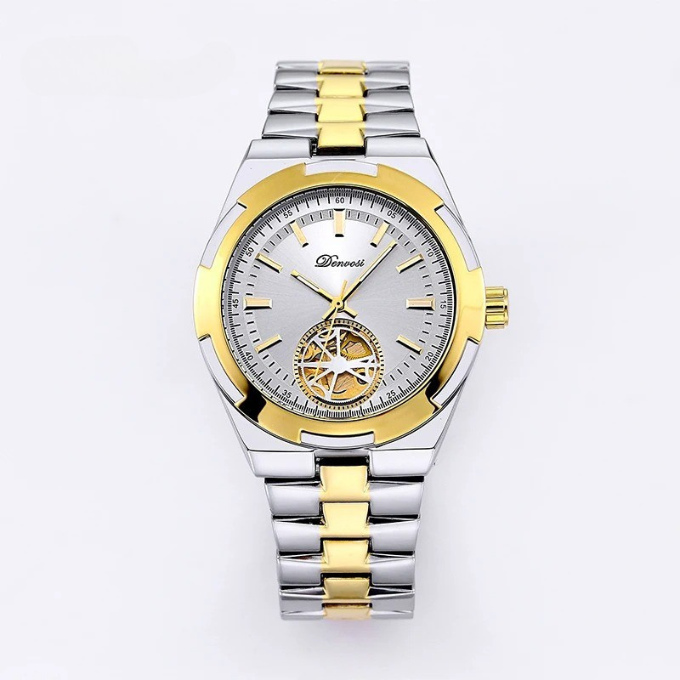 Men's automatic watch, skeleton dial and durable stainless steel band, perfect for dress or casual wear.