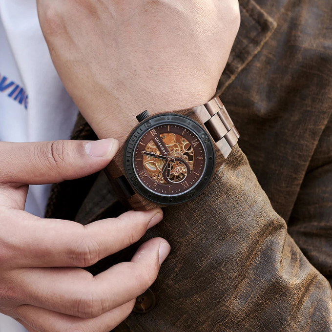 Detailed shot of the gears within a men's automatic skeleton wood watch, rustic yet precise.