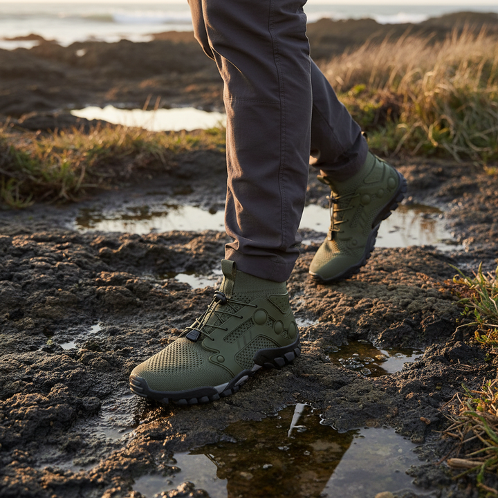 Men's barefoot style high shaft hiking shoes, engineered for natural movement & ultimate trail comfort.