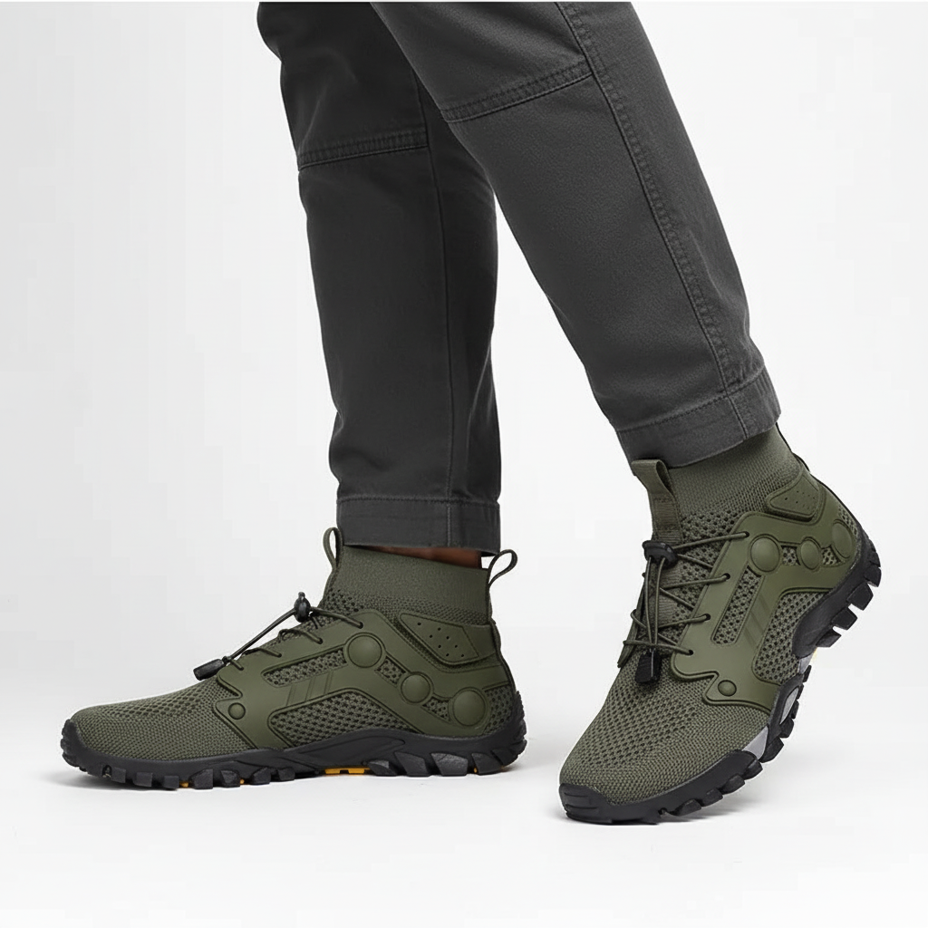 Non-slip sole of men's barefoot high shaft hiking shoes, providing secure grip for rugged outdoor trails.