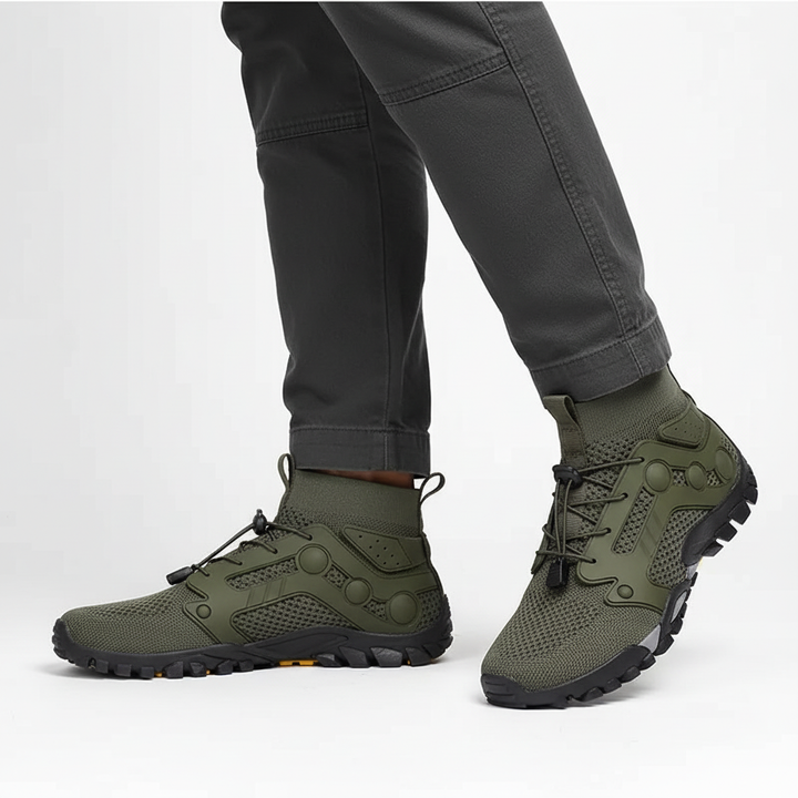 Non-slip sole of men's barefoot high shaft hiking shoes, providing secure grip for rugged outdoor trails.