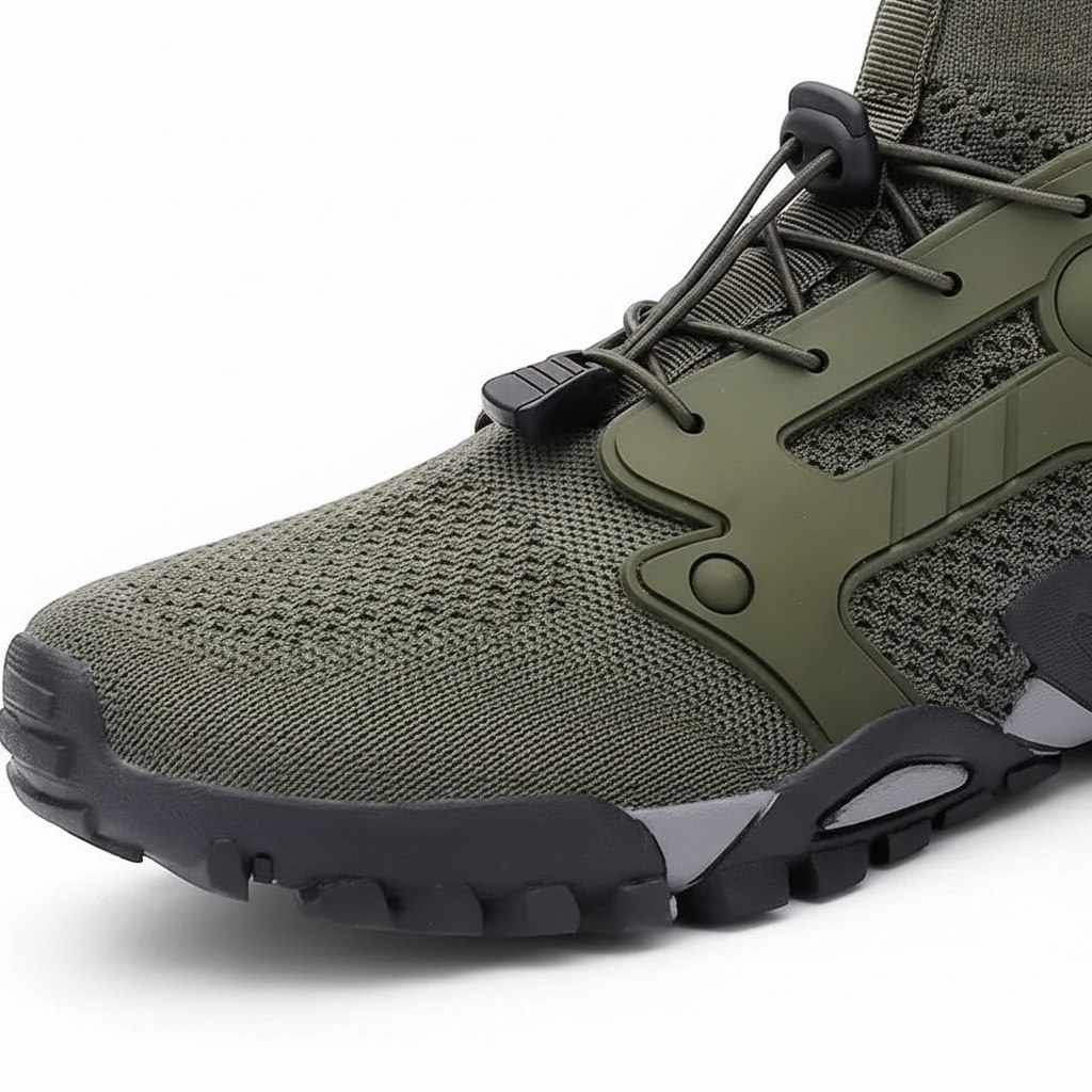 Lightweight men's barefoot high shaft hiking shoes on a forest trail, promoting natural movement & comfort.