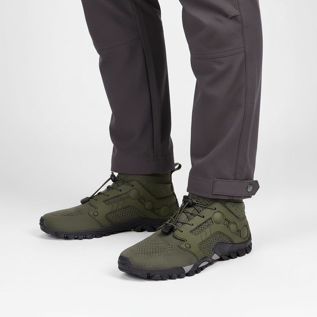 Front view of men's barefoot style high shaft hiking shoes, perfect for active men exploring outdoor trails.