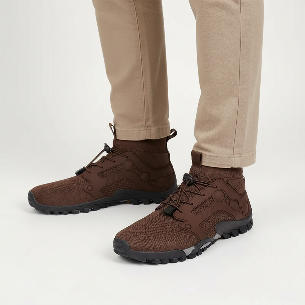 Men's high shaft barefoot hiking shoes in action, allowing natural foot movement and agility on diverse trails.