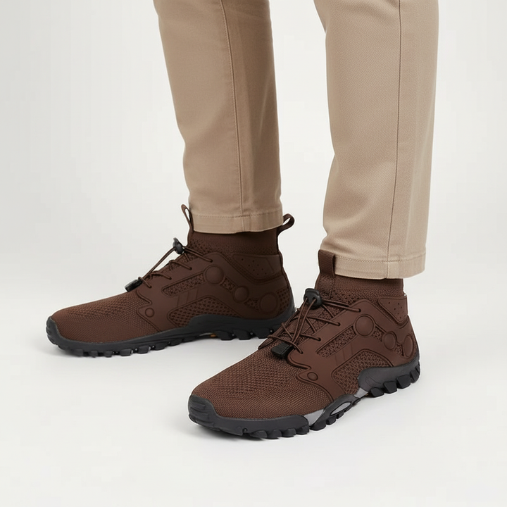 Men's high shaft barefoot hiking shoes in action, allowing natural foot movement and agility on diverse trails.