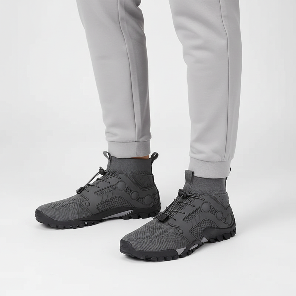 Pair of men's barefoot high shaft hiking shoes, combining natural movement, comfort, and lightweight design.