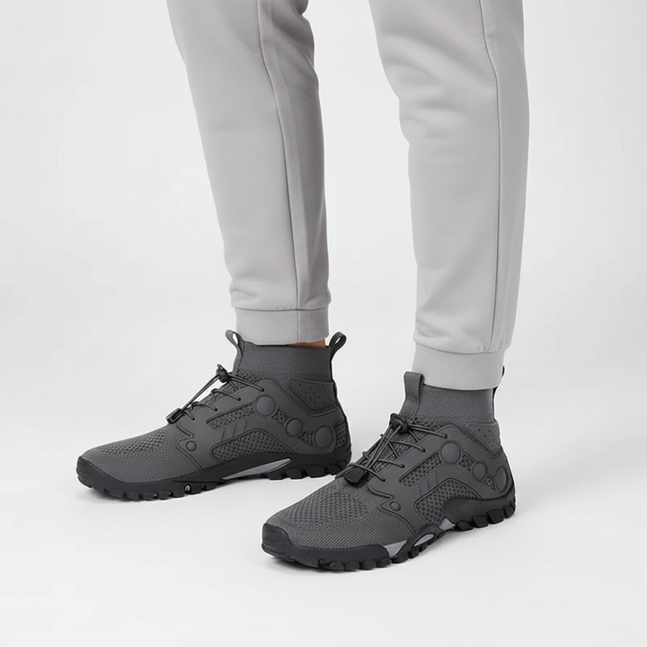 Pair of men's barefoot high shaft hiking shoes, combining natural movement, comfort, and lightweight design.