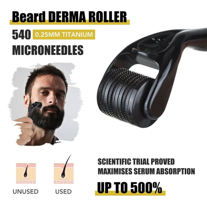 Man using Dermaroller from Men's Beard Growth Kit. Stimulates facial hair follicles for new growth.