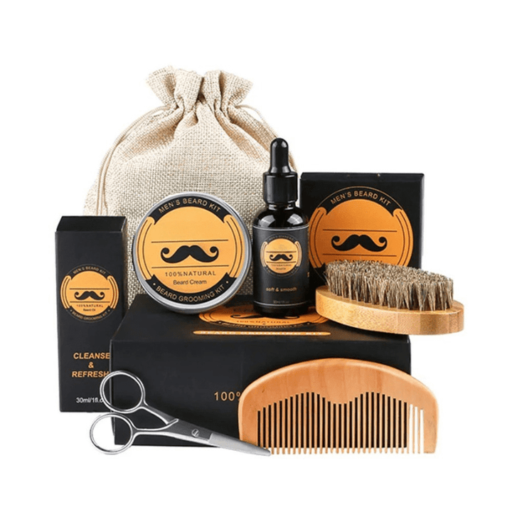 Complete Men's Beard Growth Kit: dermaroller, beard oil, balm for optimal facial hair growth & care.