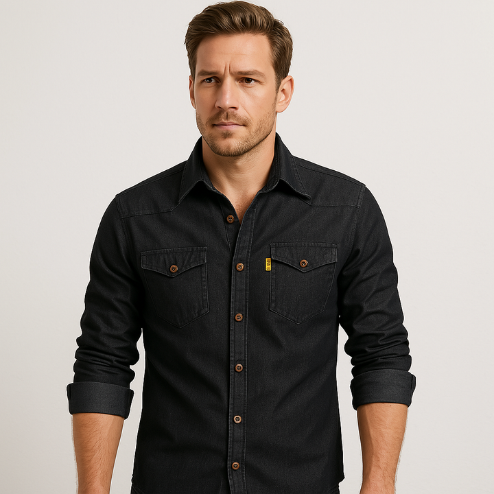 Men's black AdaptiveFit long sleeve shirt, tailored slim fit, ideal for smart casual wear.