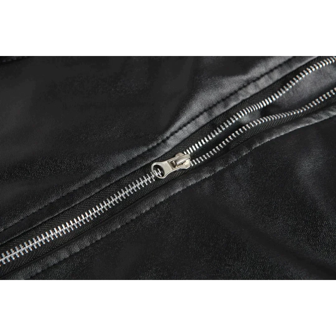 Durable men's black biker jacket featuring a stylish belt, practical zip pockets, and a classic snap-button collar.