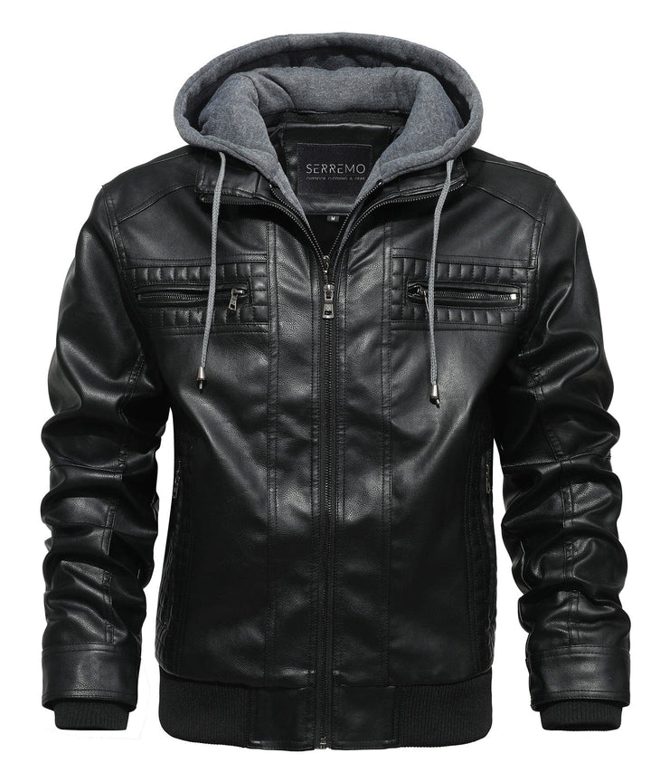 Stylish men's bomber jacket, dark brown PU leather, full zip, ribbed cuffs and hem, detachable hood.