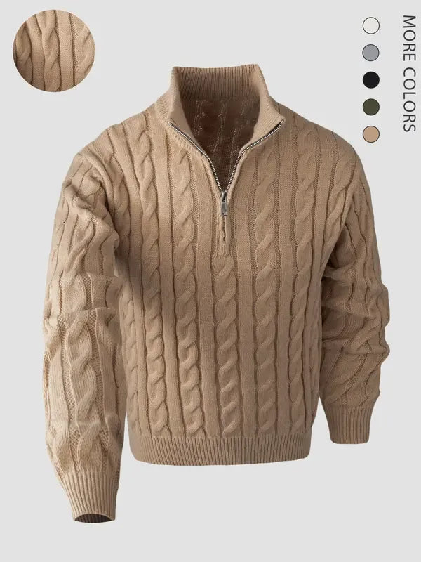 Close-up of cable knit texture on a men's quarter-zip sweater in a dark color, merino wool