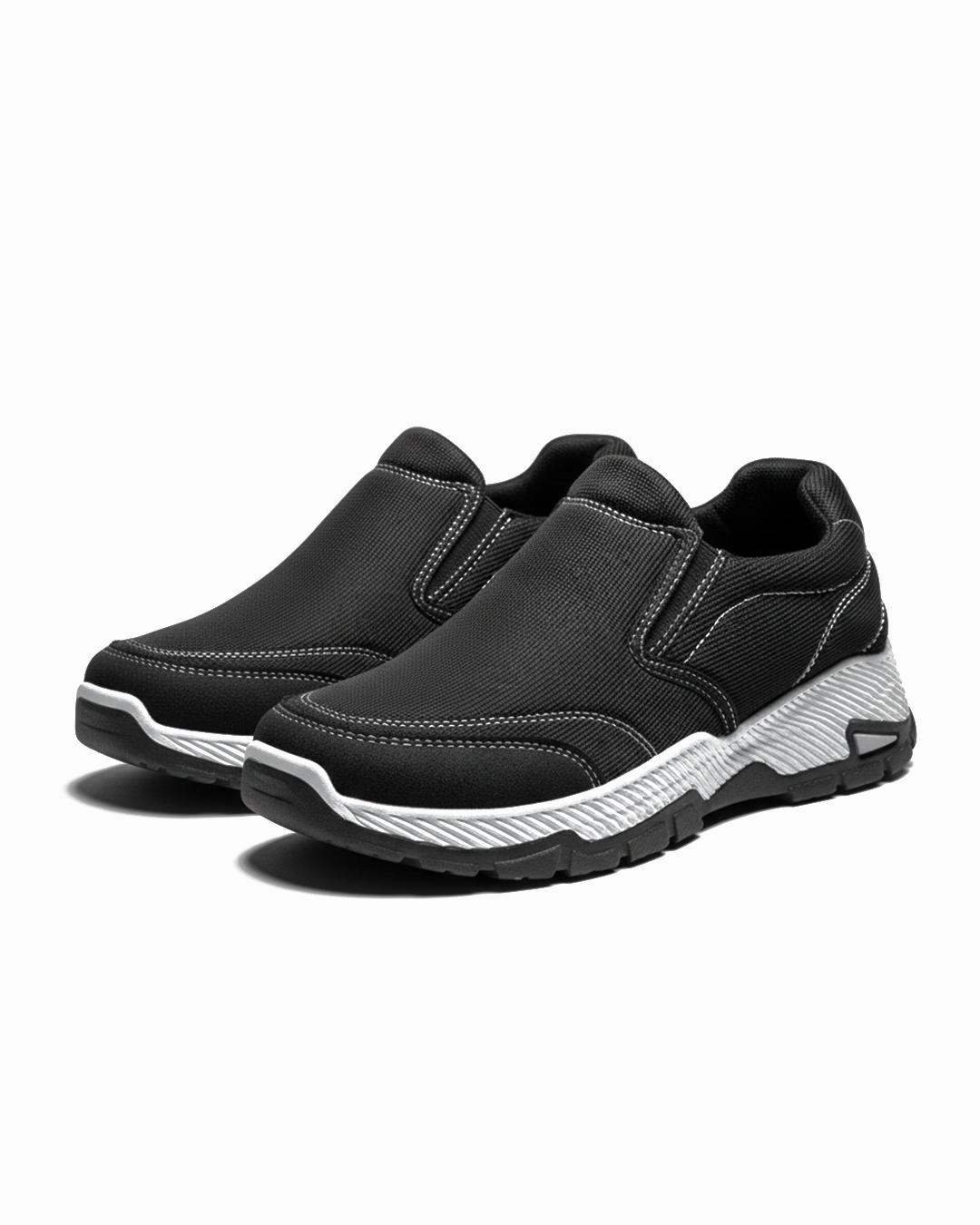 Men's black casual comfort slip-on shoes with woven texture for everyday wear