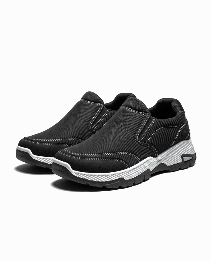 Men's black casual comfort slip-on shoes with woven texture for everyday wear