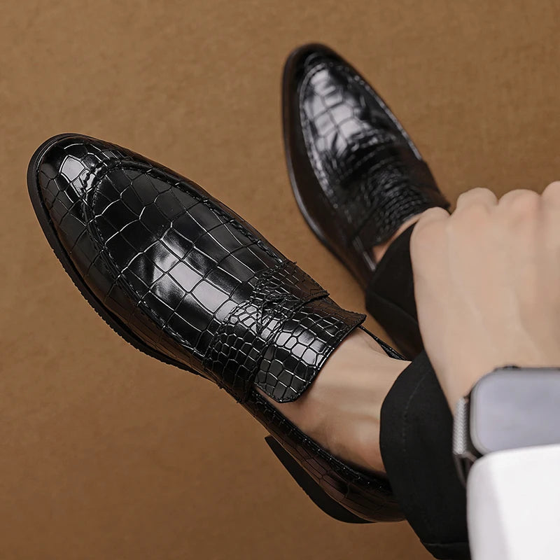 Men's formal crocodile embossed leather loafers in a rich, deep blue color