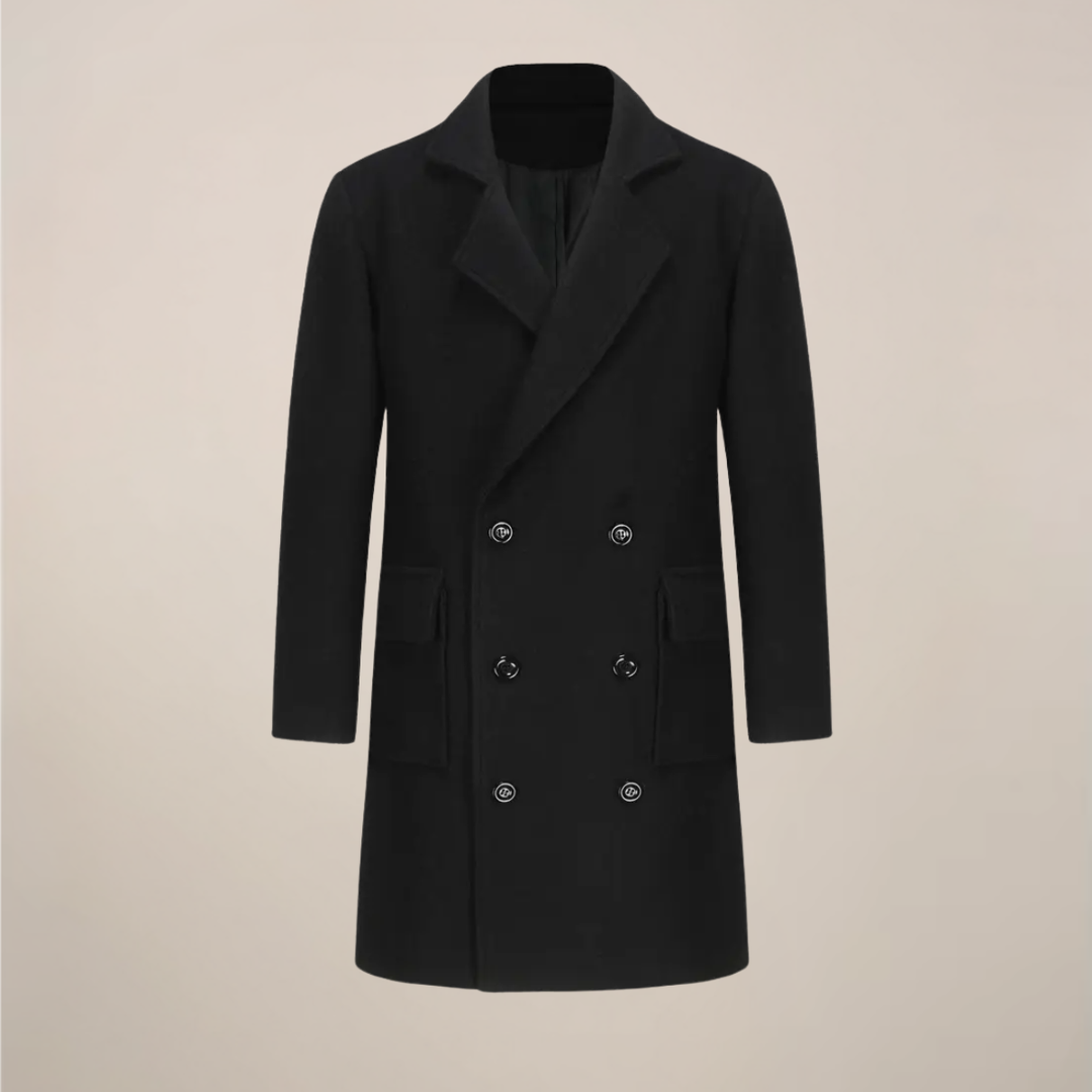 Men's black double-breasted overcoat, tailored for winter, exuding formal business style & elegance.