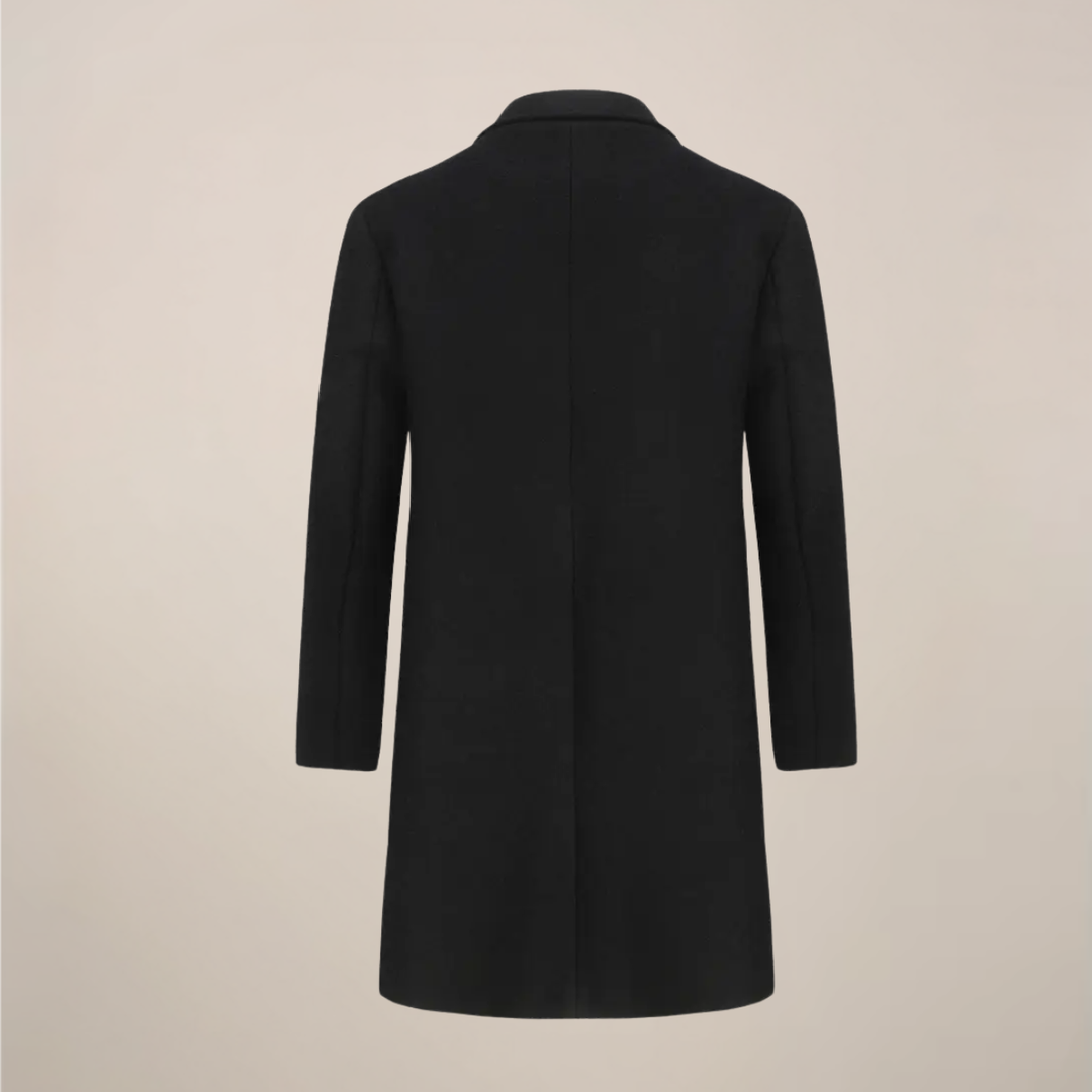 Stylish men's black winter overcoat, long & double-breasted, perfect professional outerwear.