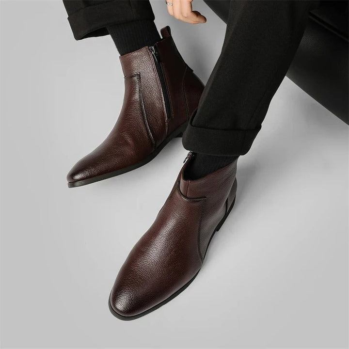 High-quality men's black leather ankle boots with side zipper, durable and stylish men's footwear